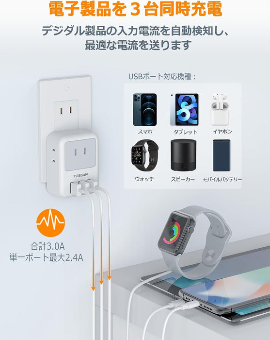 コンセントタップ AC 3口 USB-A 3口 雷ガード TS-721 TESSAN